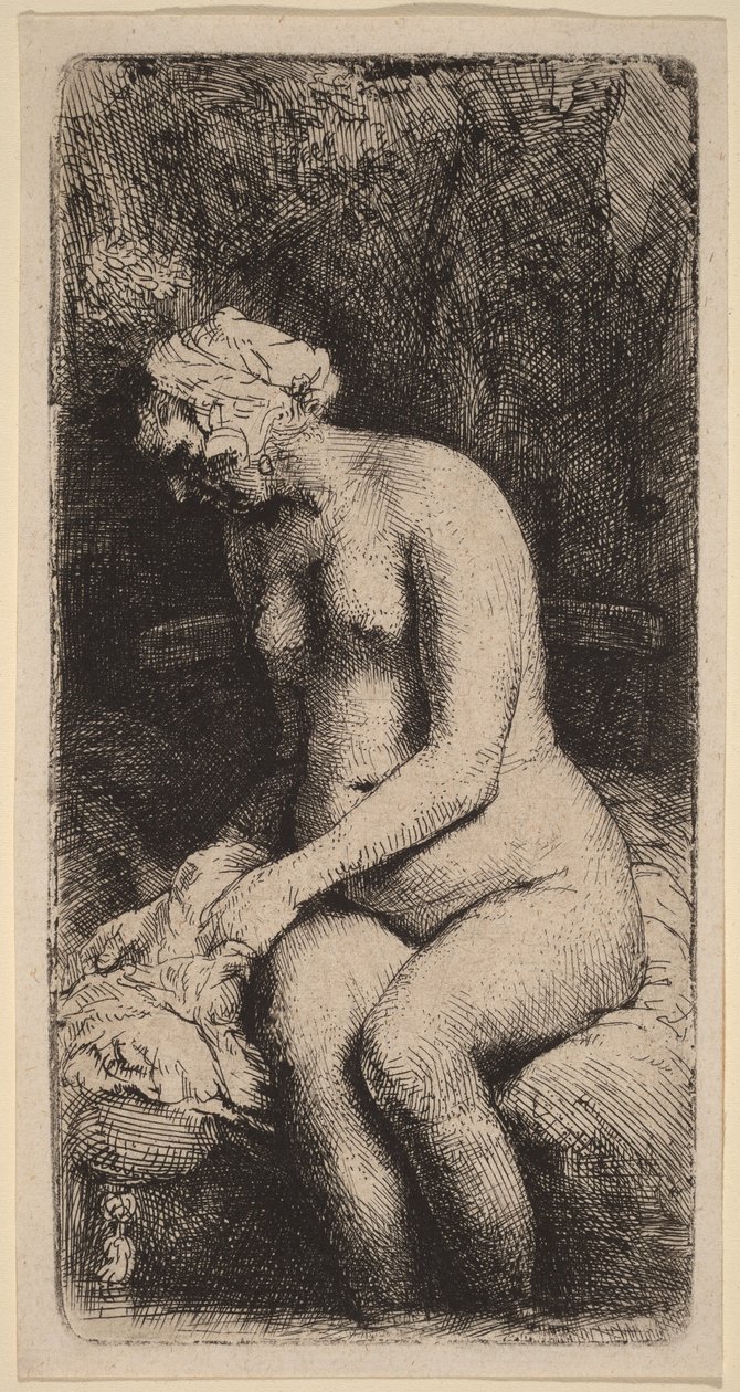 Nu assis sur un banc avec un coussin (Femme se lavant les pieds au bord d