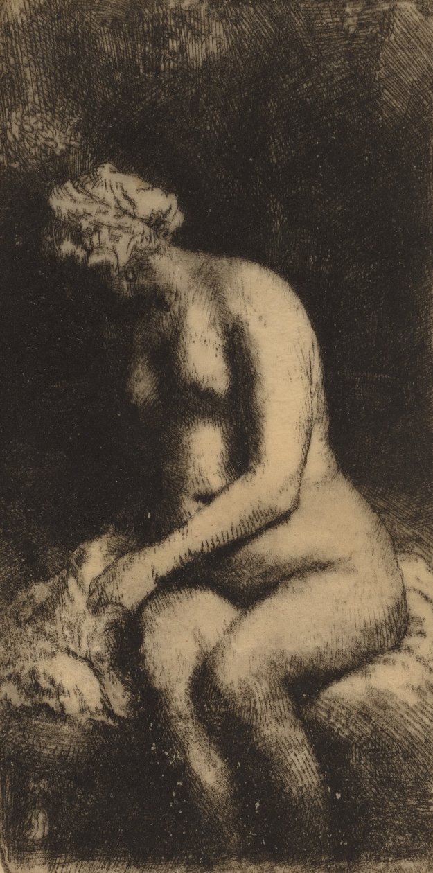 Nu assis sur un banc avec un oreiller Femme se baignant les pieds dans un ruisseau, 1658 - Rembrandt van Rijn