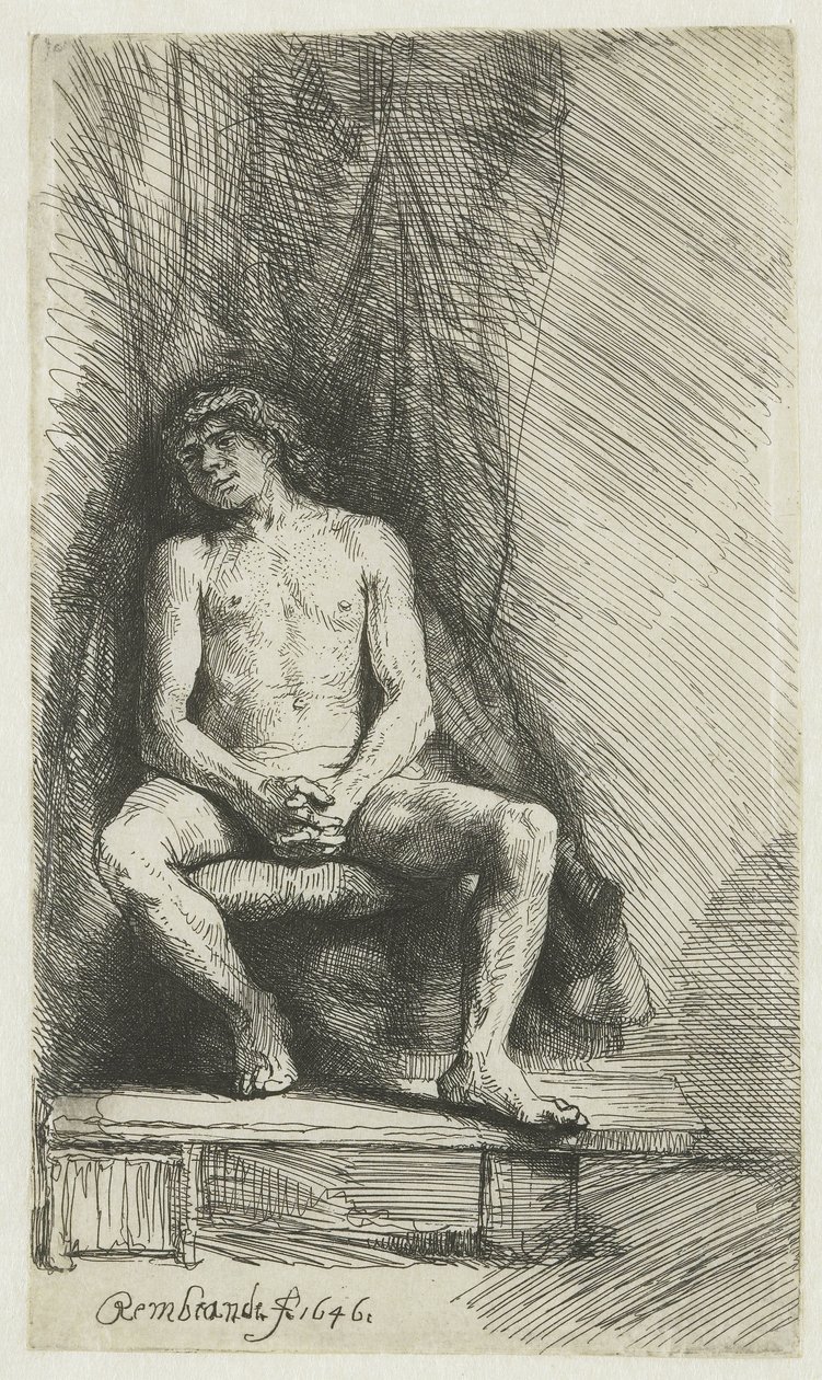 Jeune homme nu, assis devant un rideau - Rembrandt van Rijn