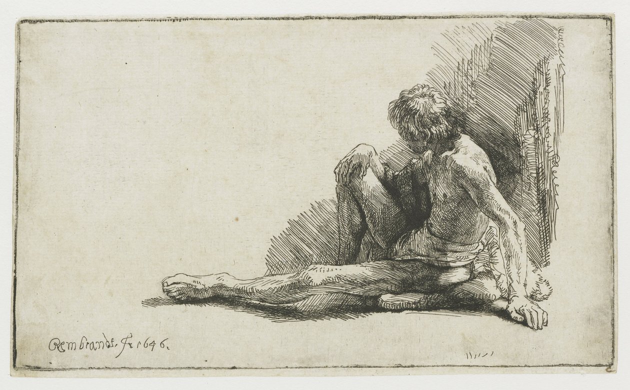 Homme nu assis par terre avec une jambe étendue - Rembrandt van Rijn