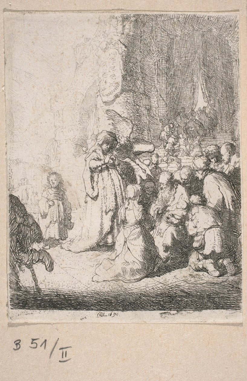 La présentation au temple avec un ange (petite plaque) - Rembrandt van Rijn