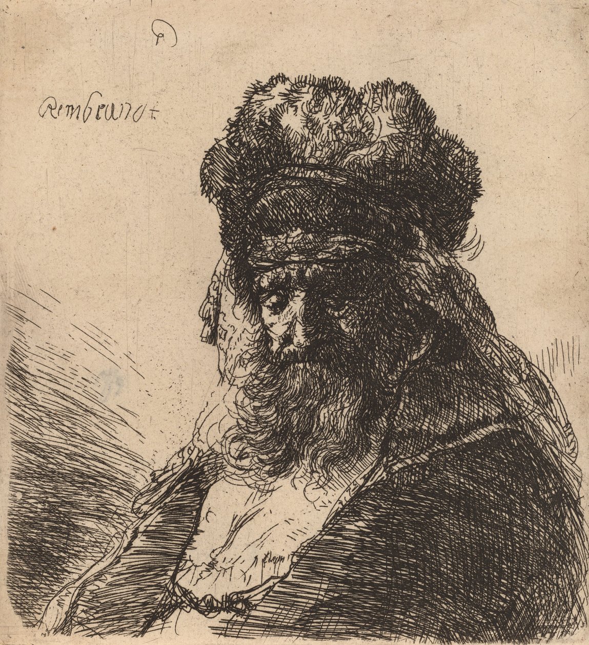 Vieil homme barbu avec un bonnet de fourrure, les yeux fermés - Rembrandt van Rijn