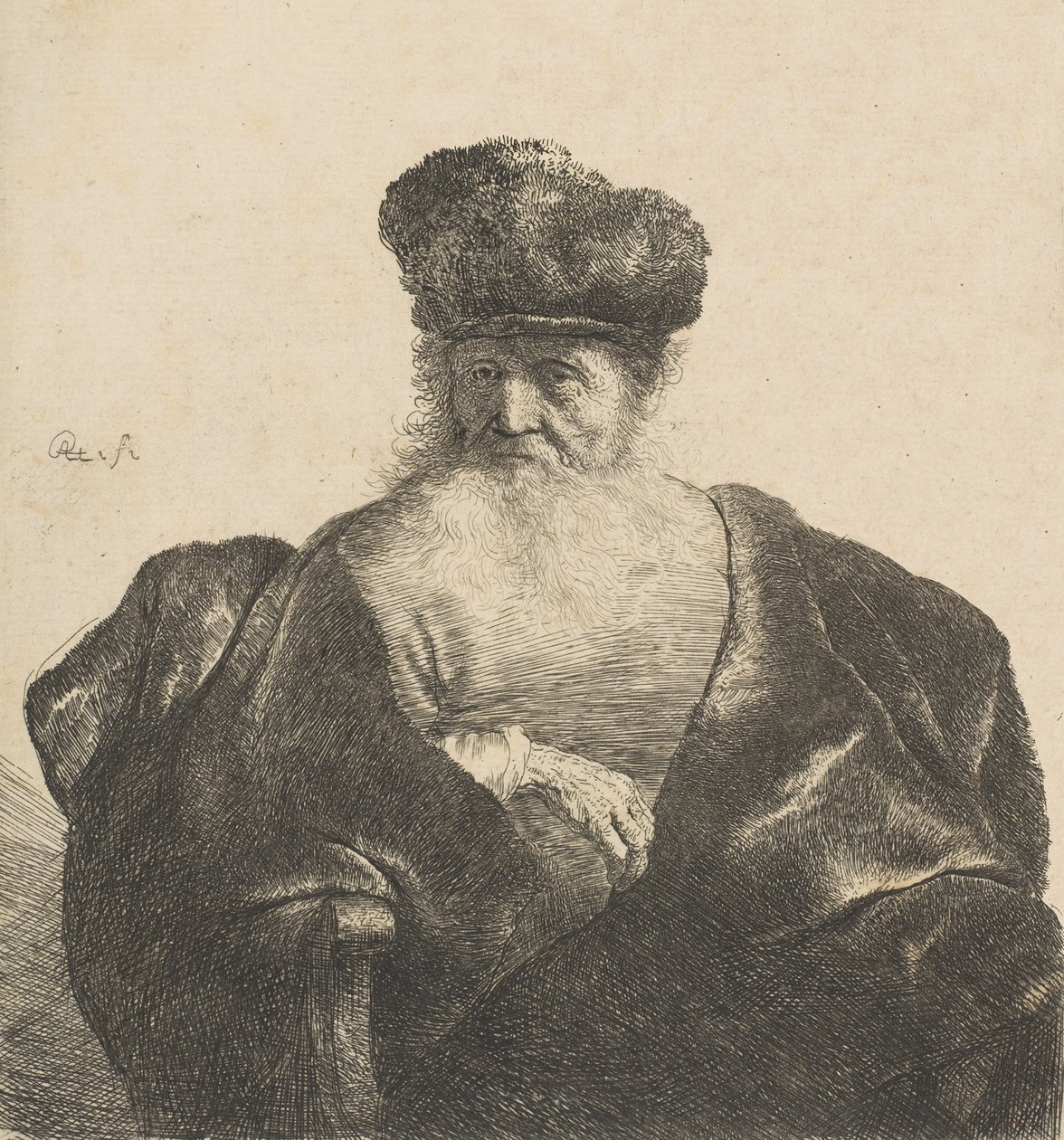 Vieil homme avec barbe, bonnet de fourrure et manteau de velours - Rembrandt van Rijn