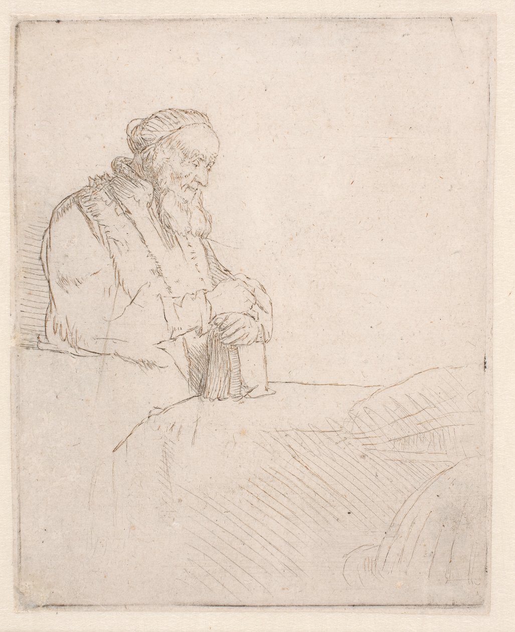 Un vieil homme en pleine méditation, appuyé contre un livre - Rembrandt van Rijn