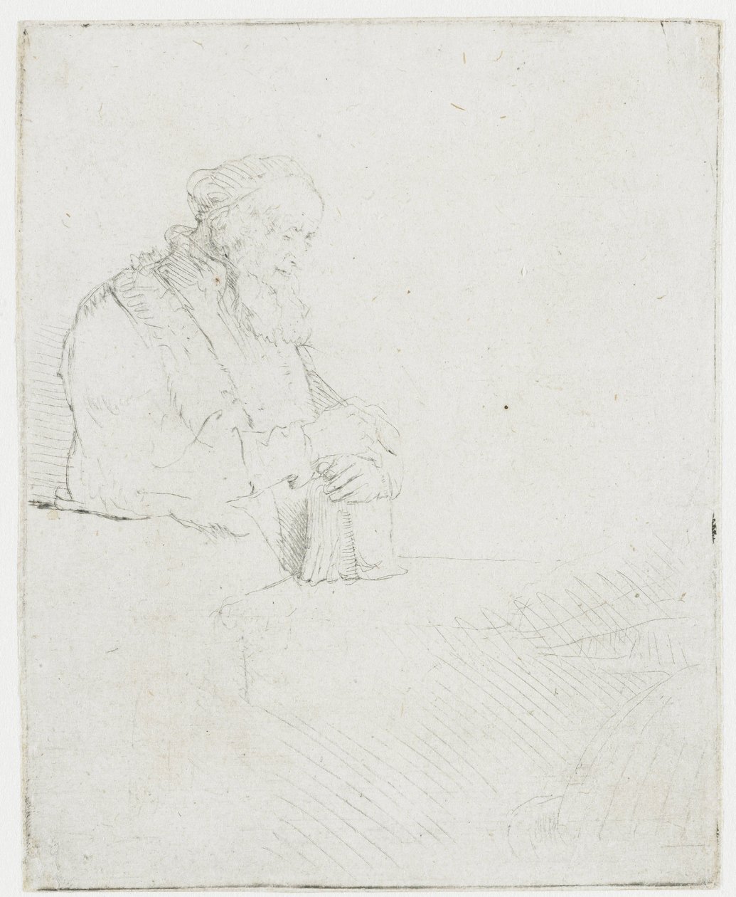 Un vieil homme en pleine méditation, appuyé contre un livre - Rembrandt van Rijn