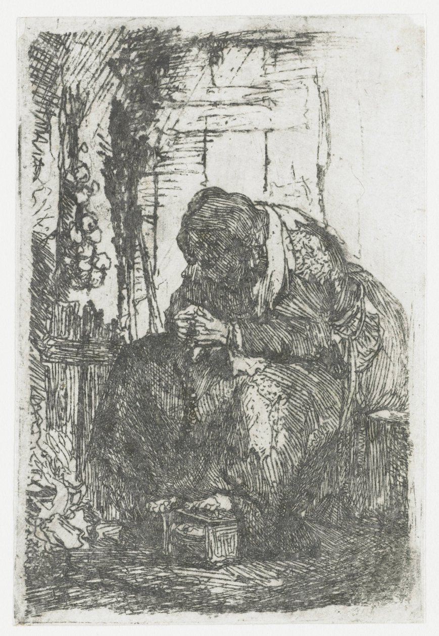 Vieille femme avec des oignons, assise dans une cabane - Rembrandt van Rijn