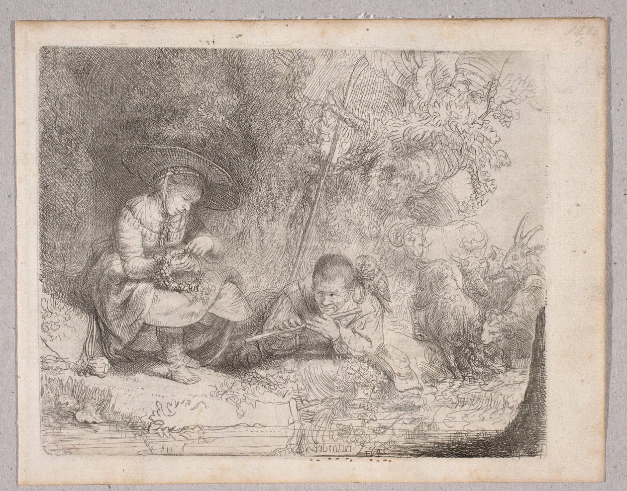 Un berger jouant de la flûte (Vue d’Omval avec une bergère et un berger jouant de la flûte) - Rembrandt van Rijn