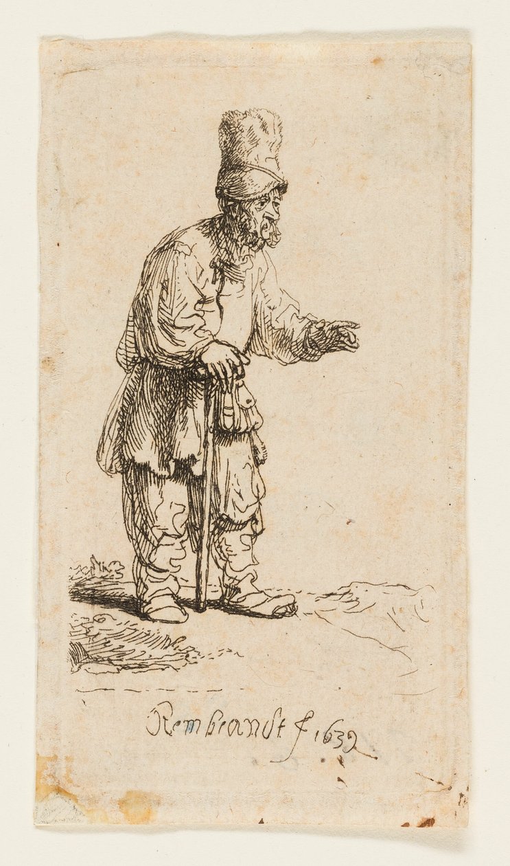 Paysanne avec un bonnet haut, debout appuyée sur un bâton - Rembrandt van Rijn