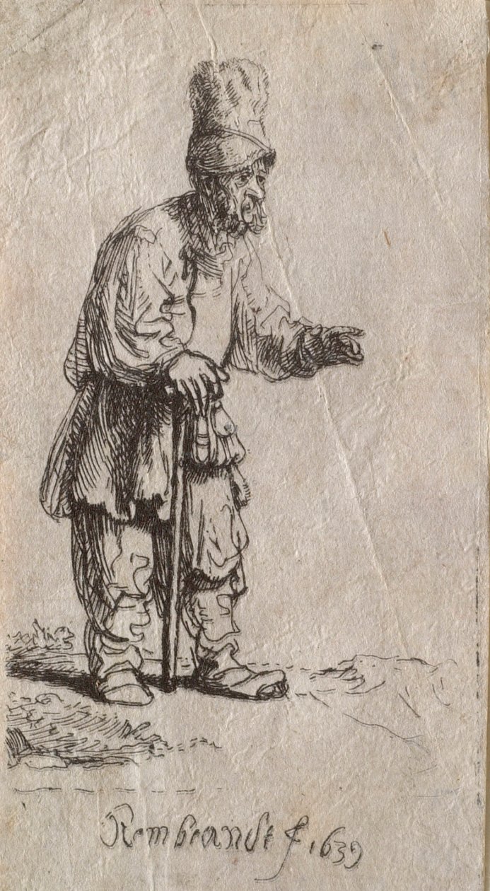 Paysan au bonnet haut, debout, appuyé sur un bâton - Rembrandt van Rijn