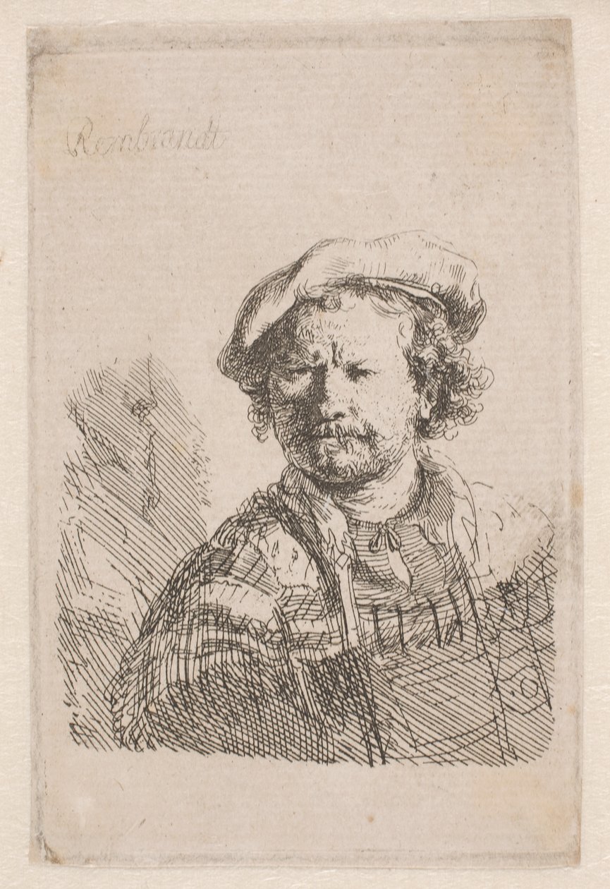 Rembrandt avec une casquette plate et un châle sur les épaules - Rembrandt van Rijn