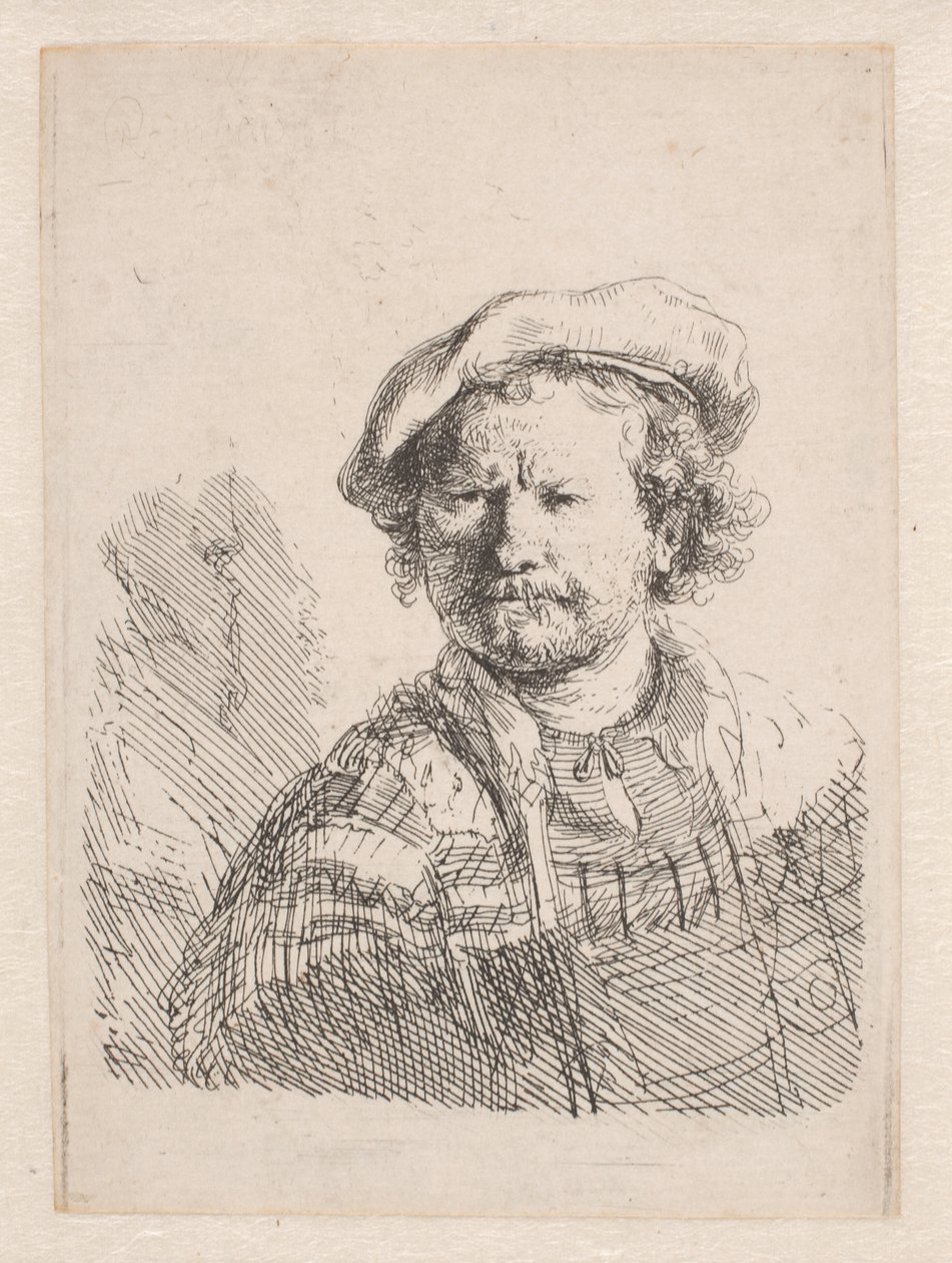 Rembrandt avec une casquette plate et un châle sur les épaules - Rembrandt van Rijn