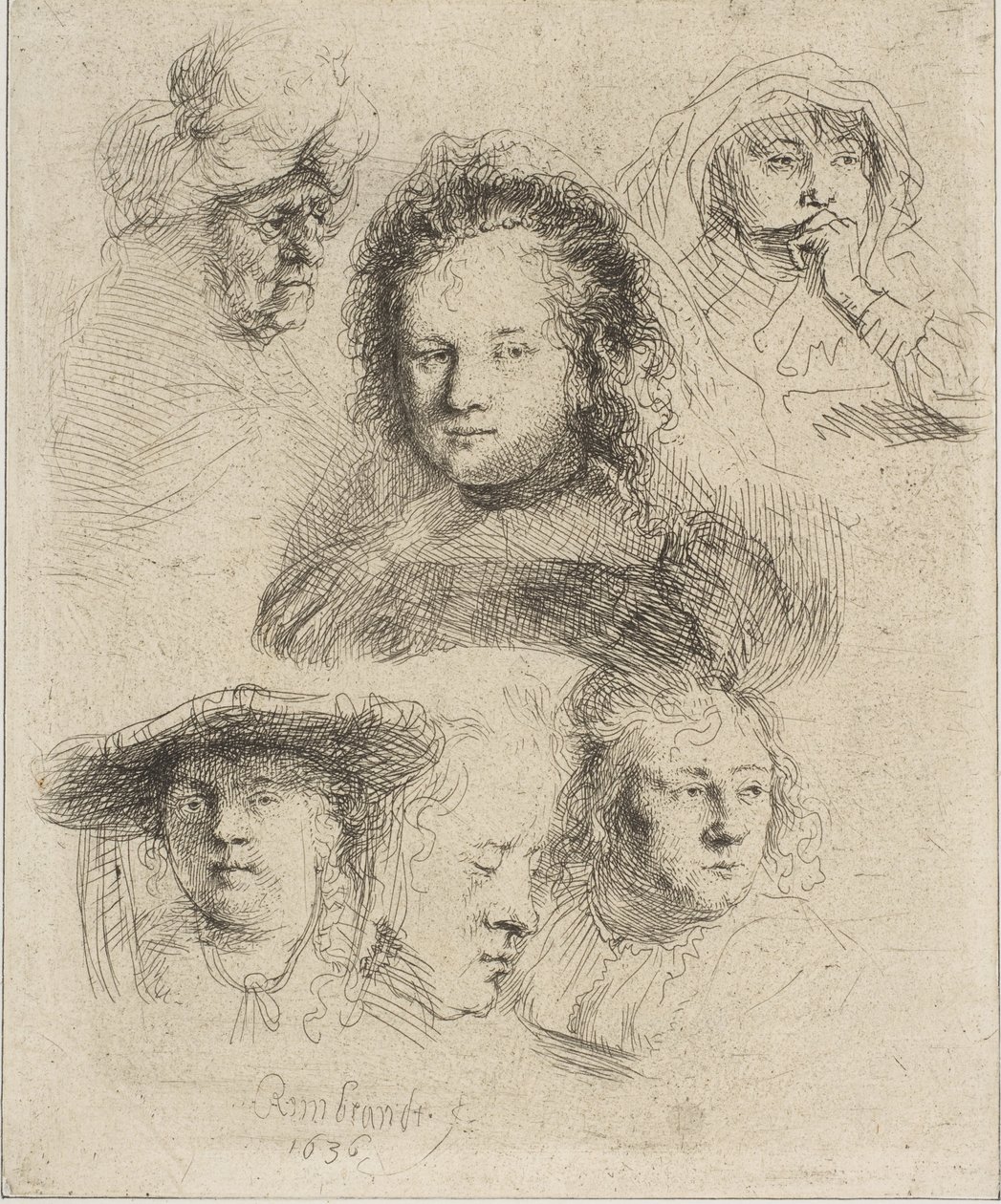 Femme de Rembrandt et cinq autres têtes - Rembrandt van Rijn