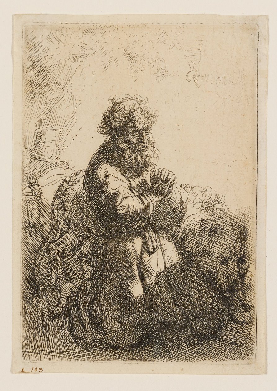 Saint Jérôme, agenouillé en prière, le regard baissé - Rembrandt van Rijn
