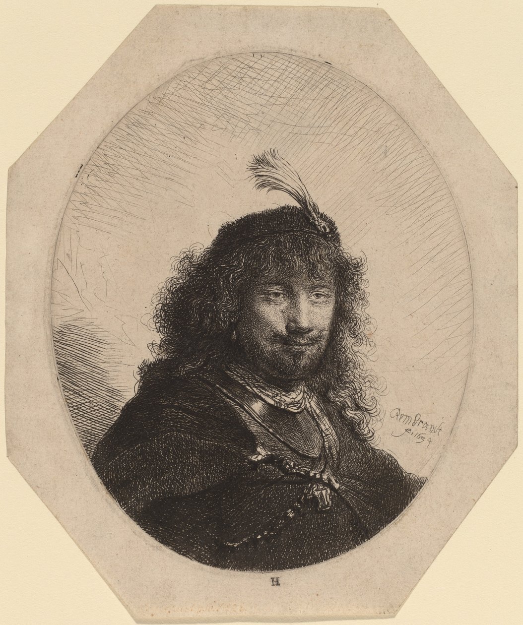Autoportrait (?) avec Chapeau à Plumes et Sabre Baissé - Rembrandt van Rijn