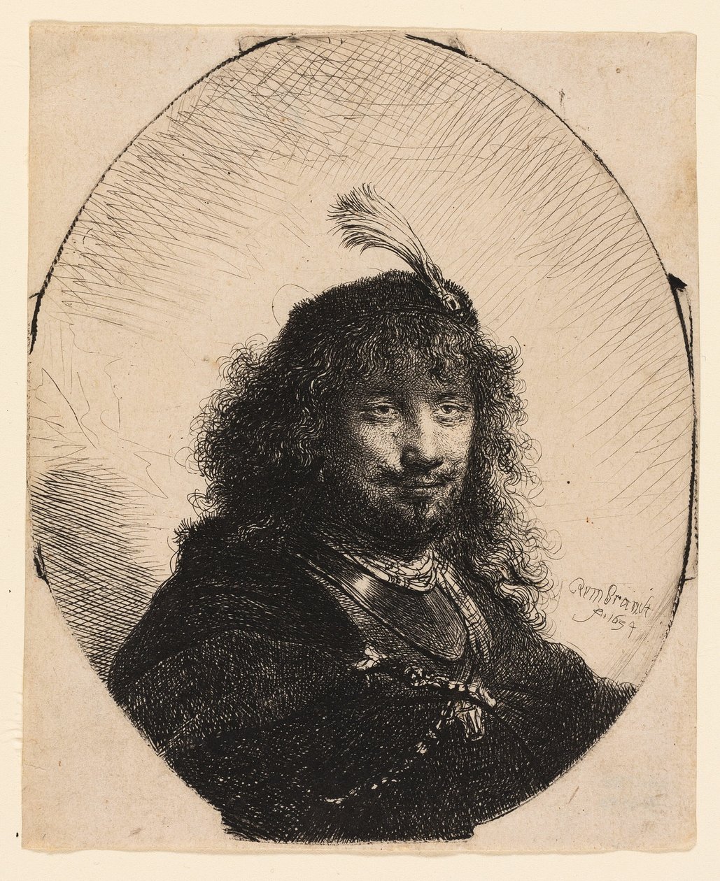 Autoportrait (?) avec chapeau à plumes et sabre abaissé - Rembrandt van Rijn