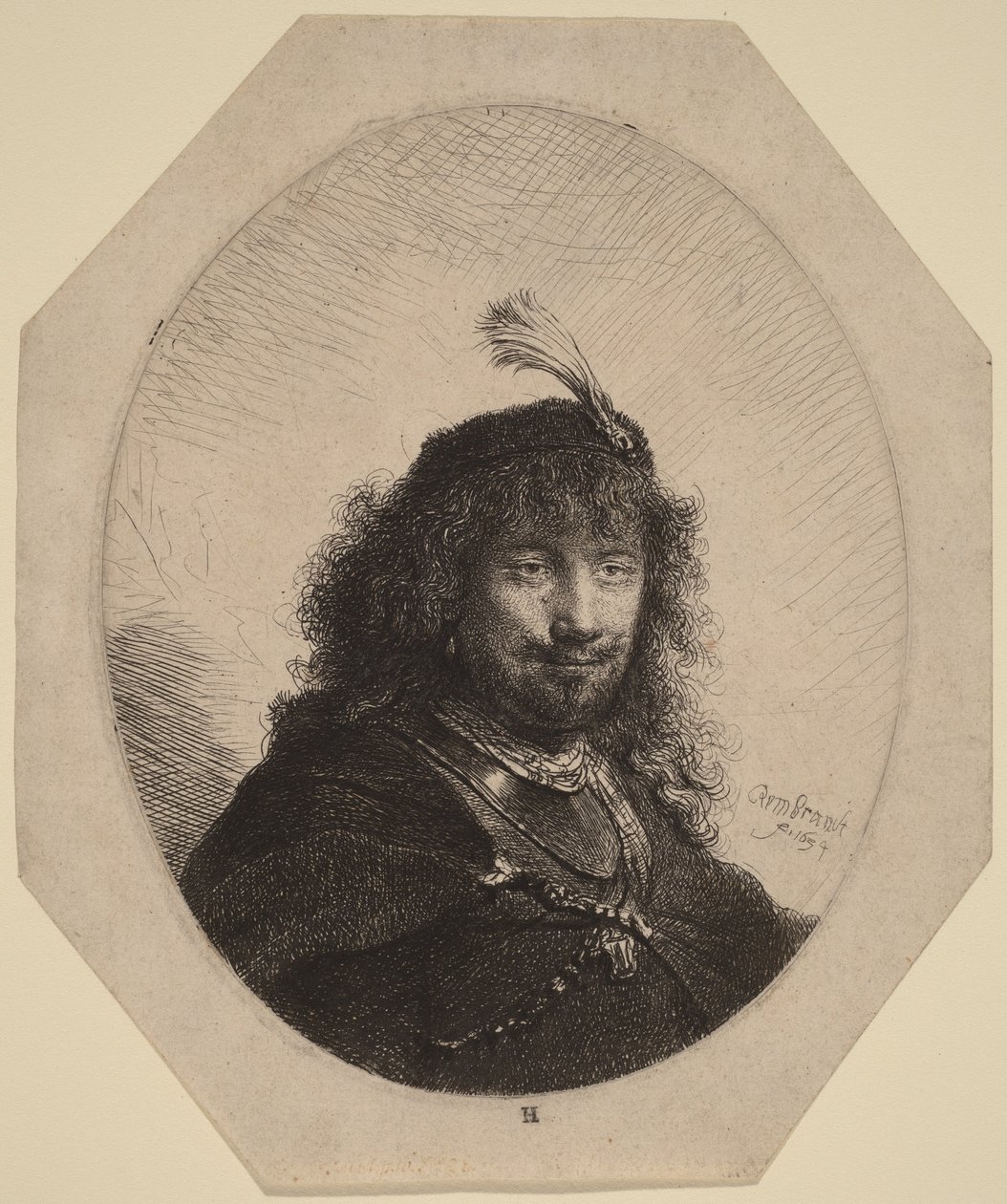 Autoportrait () avec un bonnet à plumes et un sabre baissé - Rembrandt van Rijn