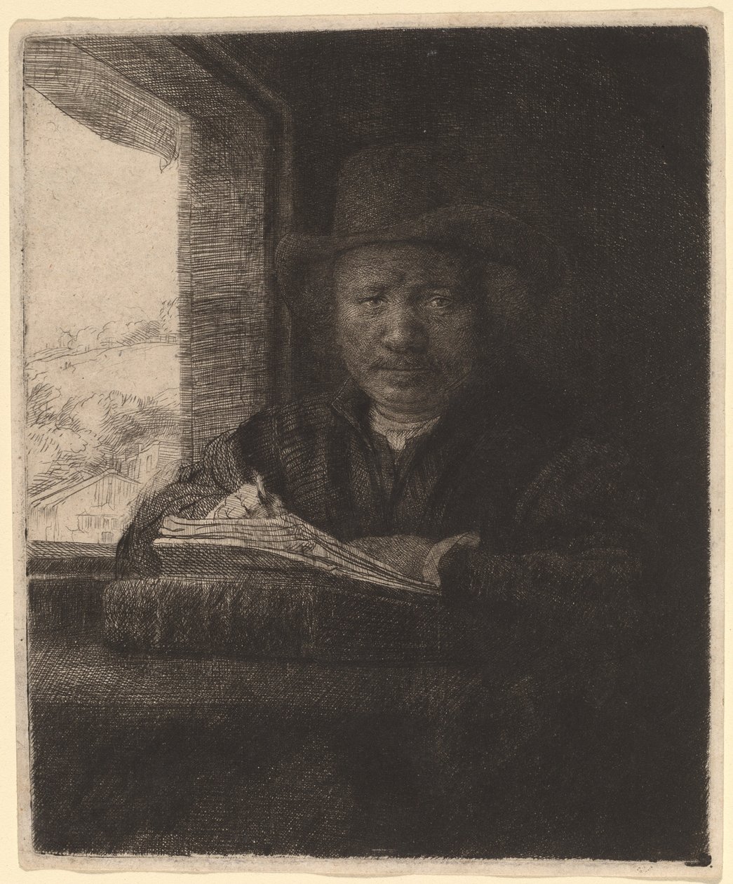 Autoportrait dessinant à une fenêtre - Rembrandt van Rijn