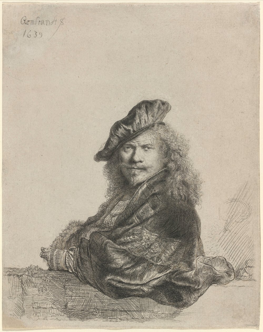 Autoportrait appuyé contre un rebord en pierre - Rembrandt van Rijn
