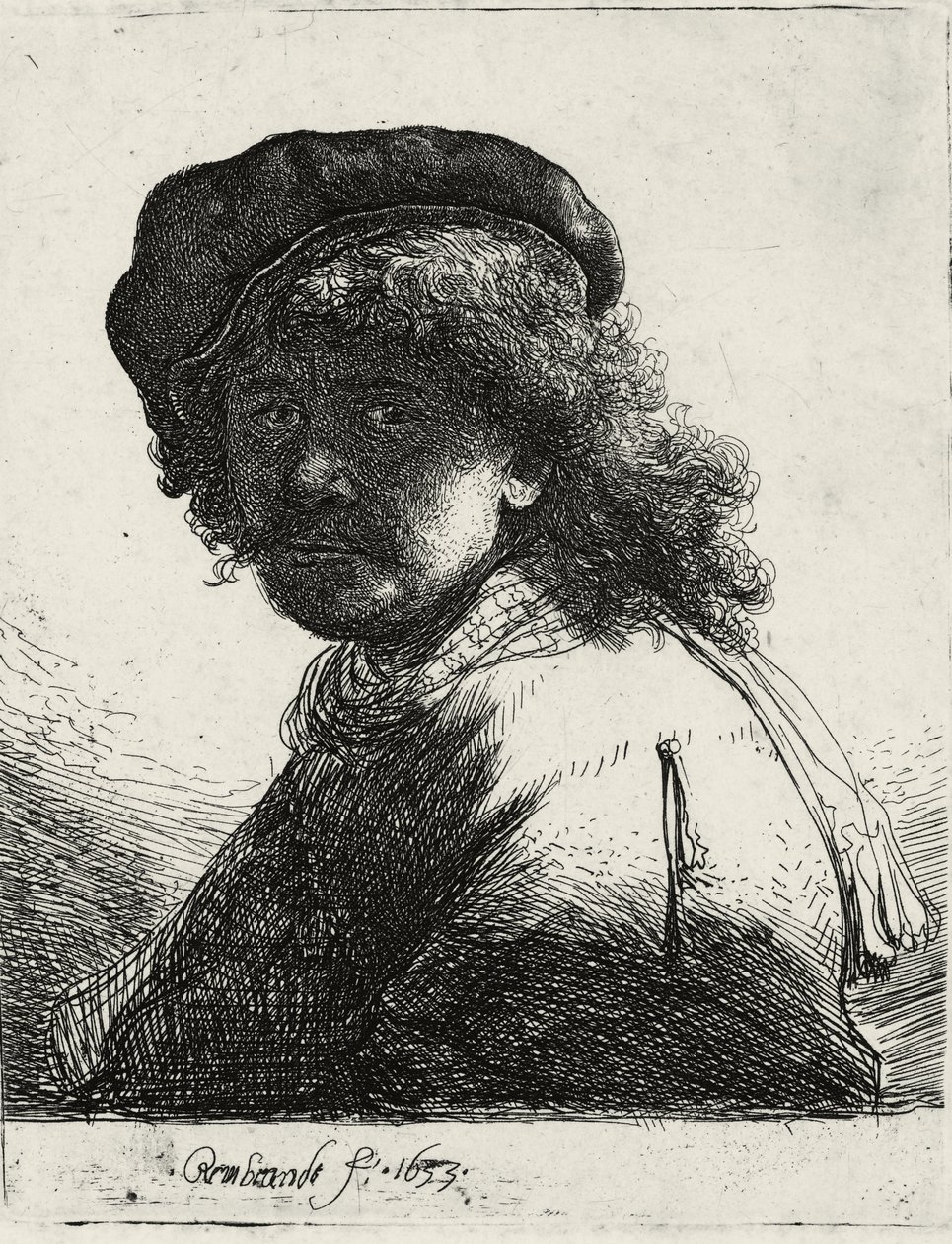 Autoportrait en bonnet et écharpe avec le visage sombre, 1633 - Rembrandt van Rijn