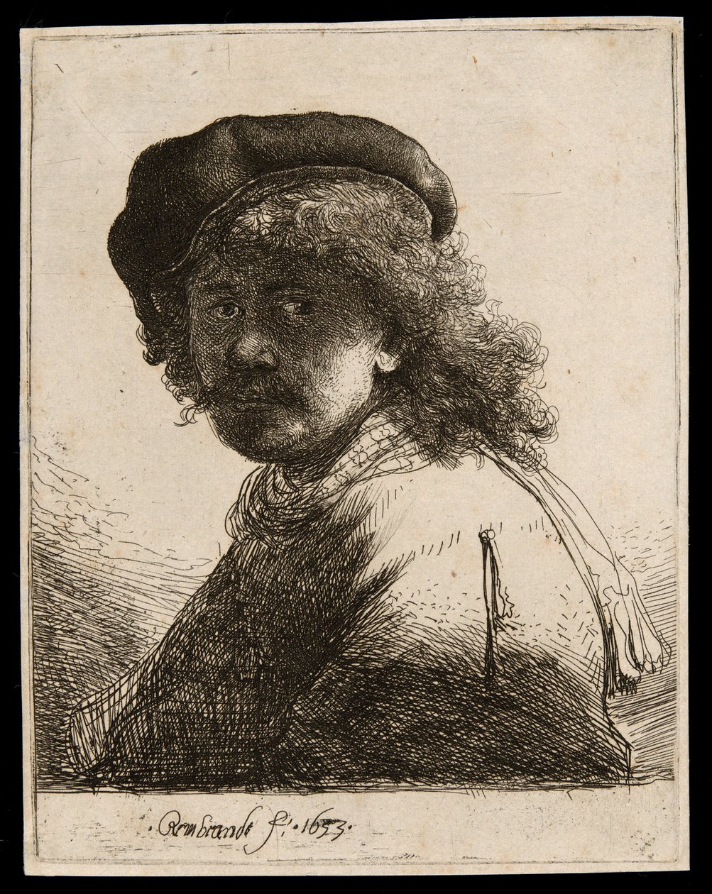 Autoportrait avec un bonnet et une écharpe, visage sombre : buste - Rembrandt van Rijn