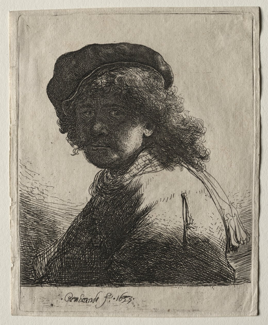 Autoportrait avec un bonnet et une écharpe avec le visage sombre : Buste, 1633 - Rembrandt van Rijn