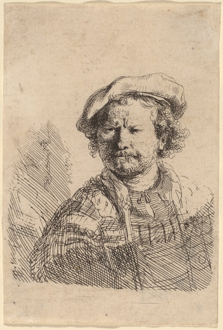 Autoportrait avec un Bonnet Plat et une Robe Brodée - Rembrandt van Rijn