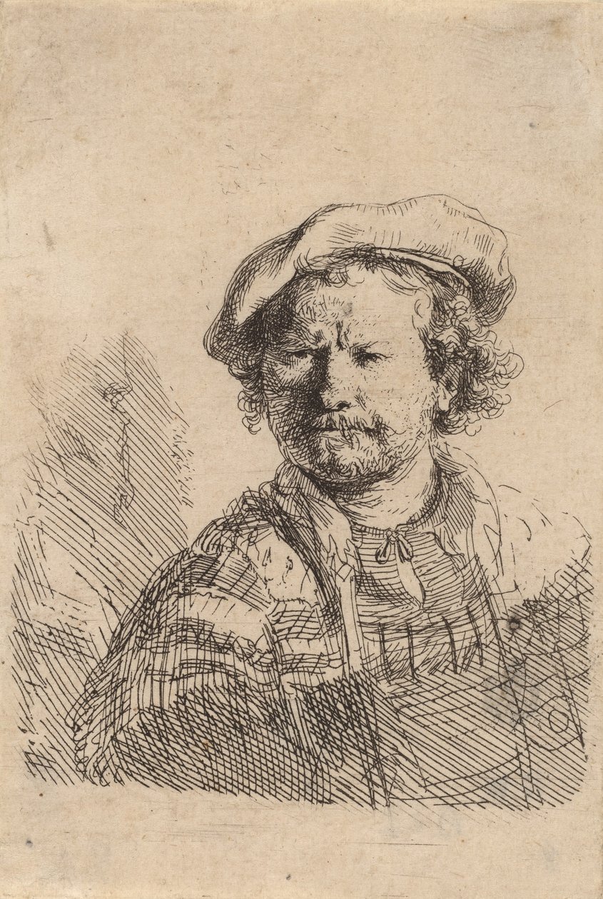 Autoportrait avec une casquette plate et une robe brodée, vers 1642 - Rembrandt van Rijn