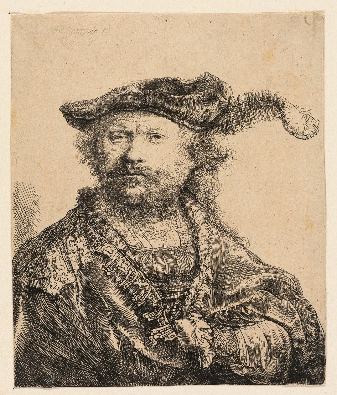 Autoportrait avec un bonnet de velours et une plume - Rembrandt van Rijn