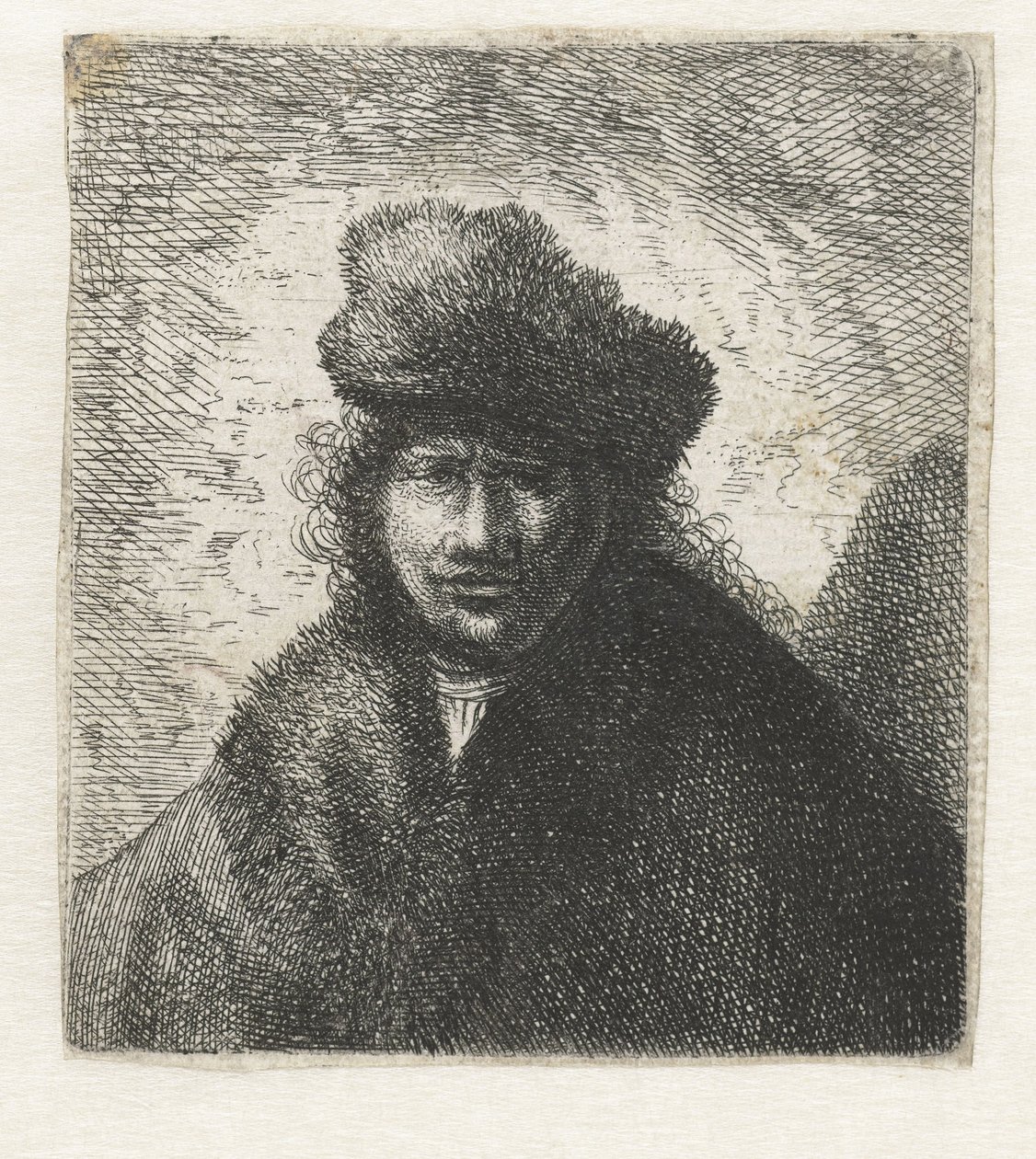 Autoportrait avec un bonnet de fourrure incliné : Buste, ca 1631 - Rembrandt van Rijn