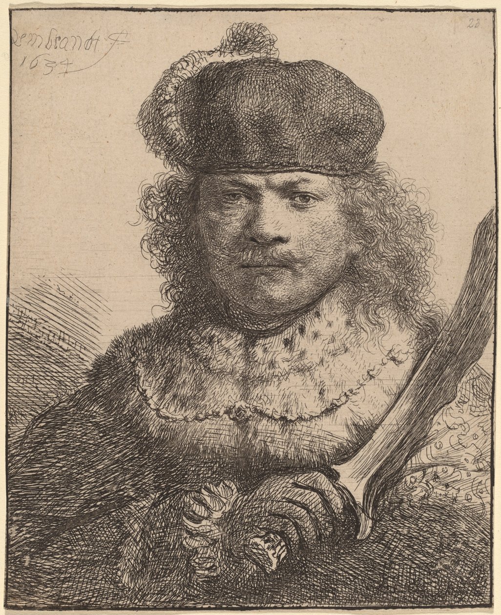 Autoportrait avec Sabre Levé - Rembrandt van Rijn