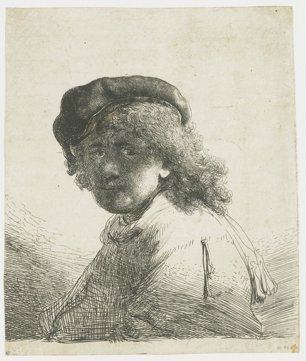 Autoportrait avec un bonnet et une écharpe, visage sombre : buste - Rembrandt van Rijn