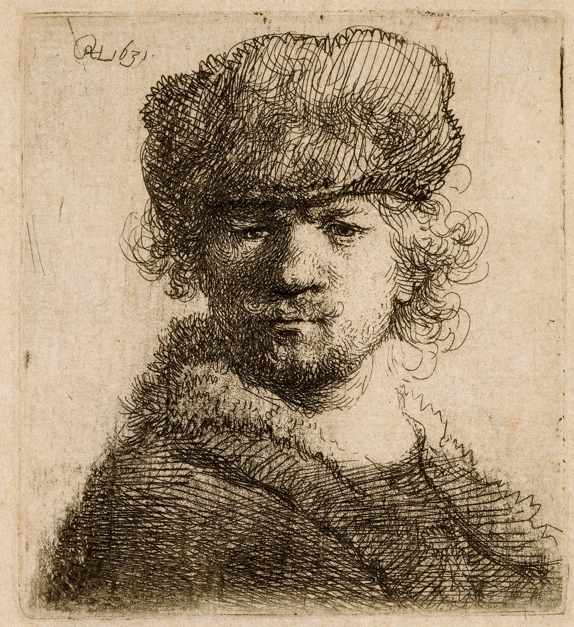 Autoportrait avec une lourde casquette en fourrure : buste, 1631 - Rembrandt van Rijn