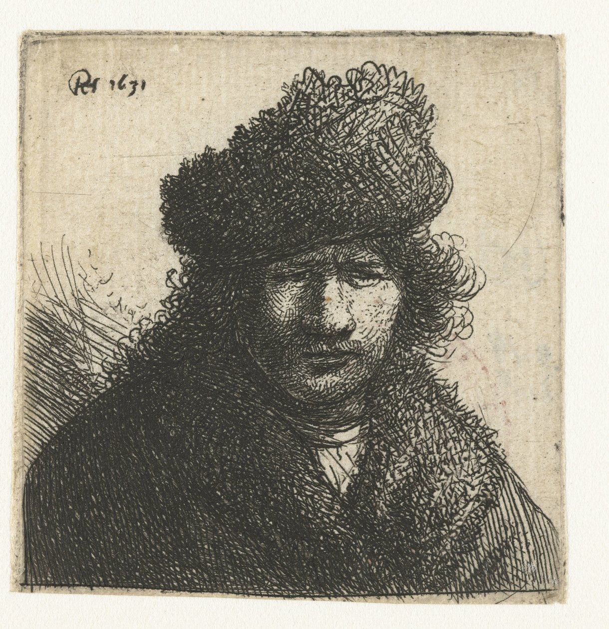 Autoportrait avec un bonnet de fourrure incliné : buste - Rembrandt van Rijn