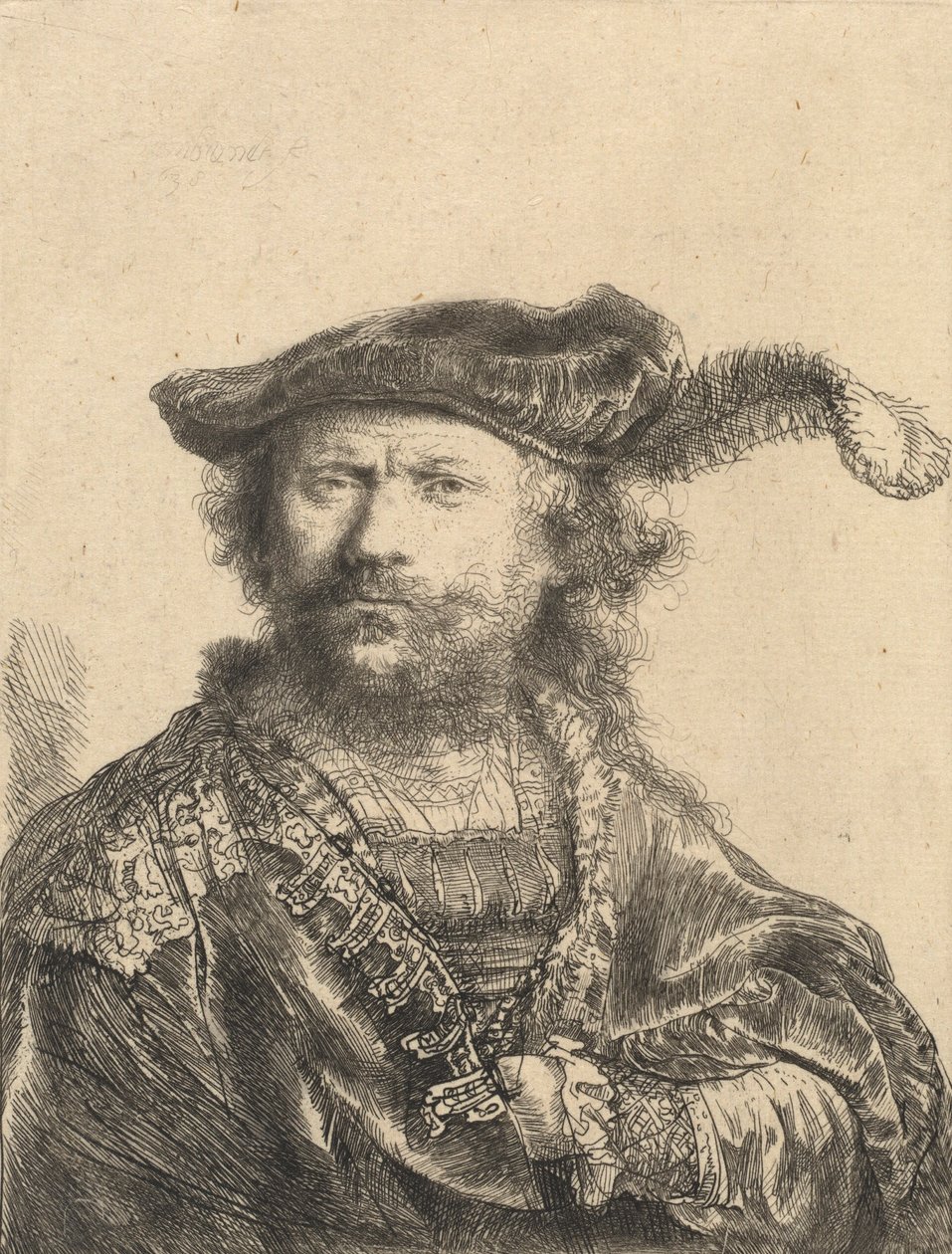 Autoportrait avec un bonnet de velours et une plume, 1638 - Rembrandt van Rijn