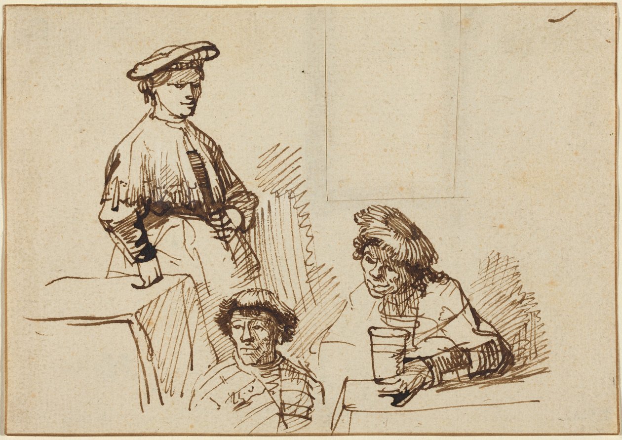 Esquisses prises dans une taverne : une femme debout et deux hommes assis - Rembrandt van Rijn