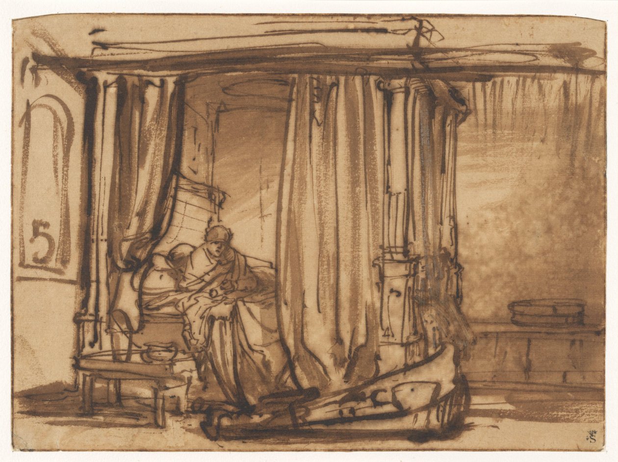 Chambre à coucher avec Saskia assise dans un lit à baldaquin - Rembrandt van Rijn