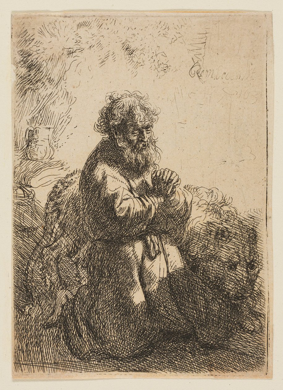 Saint Jérôme à genoux en prière, regardant vers le bas - Rembrandt van Rijn