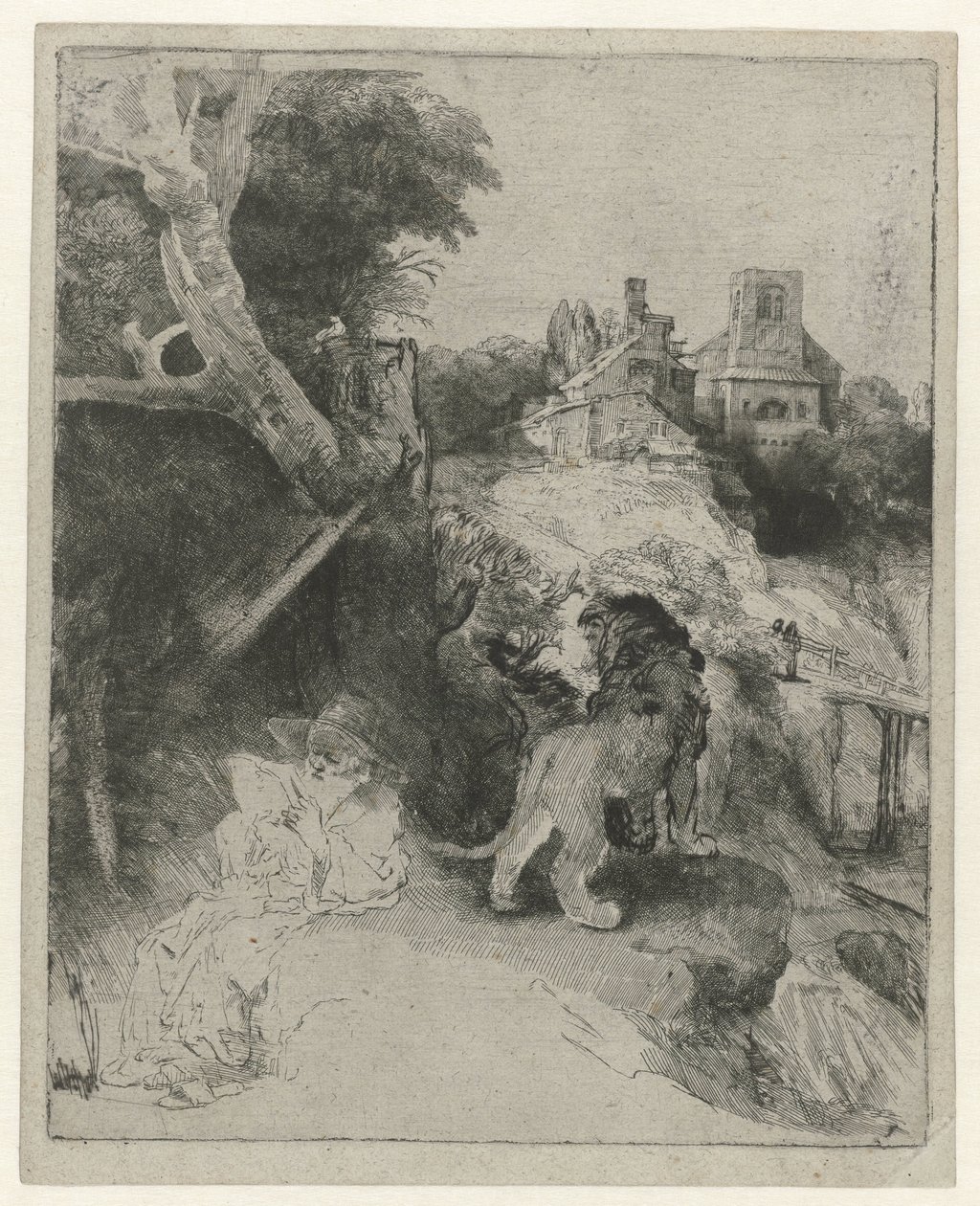Saint Jérôme lisant dans un paysage italien - Rembrandt van Rijn