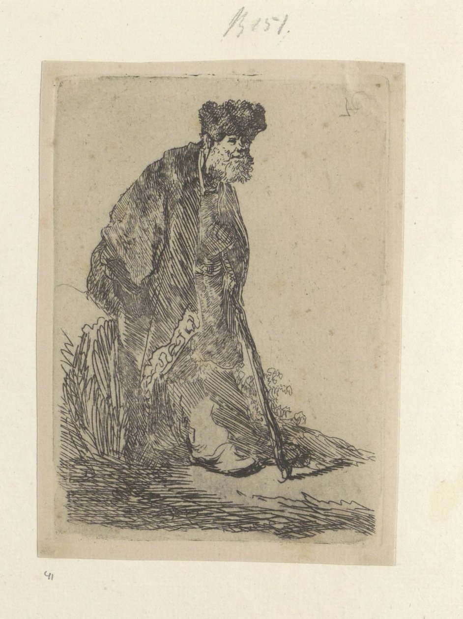 Homme debout avec un long manteau et un bonnet de fourrure - Rembrandt van Rijn