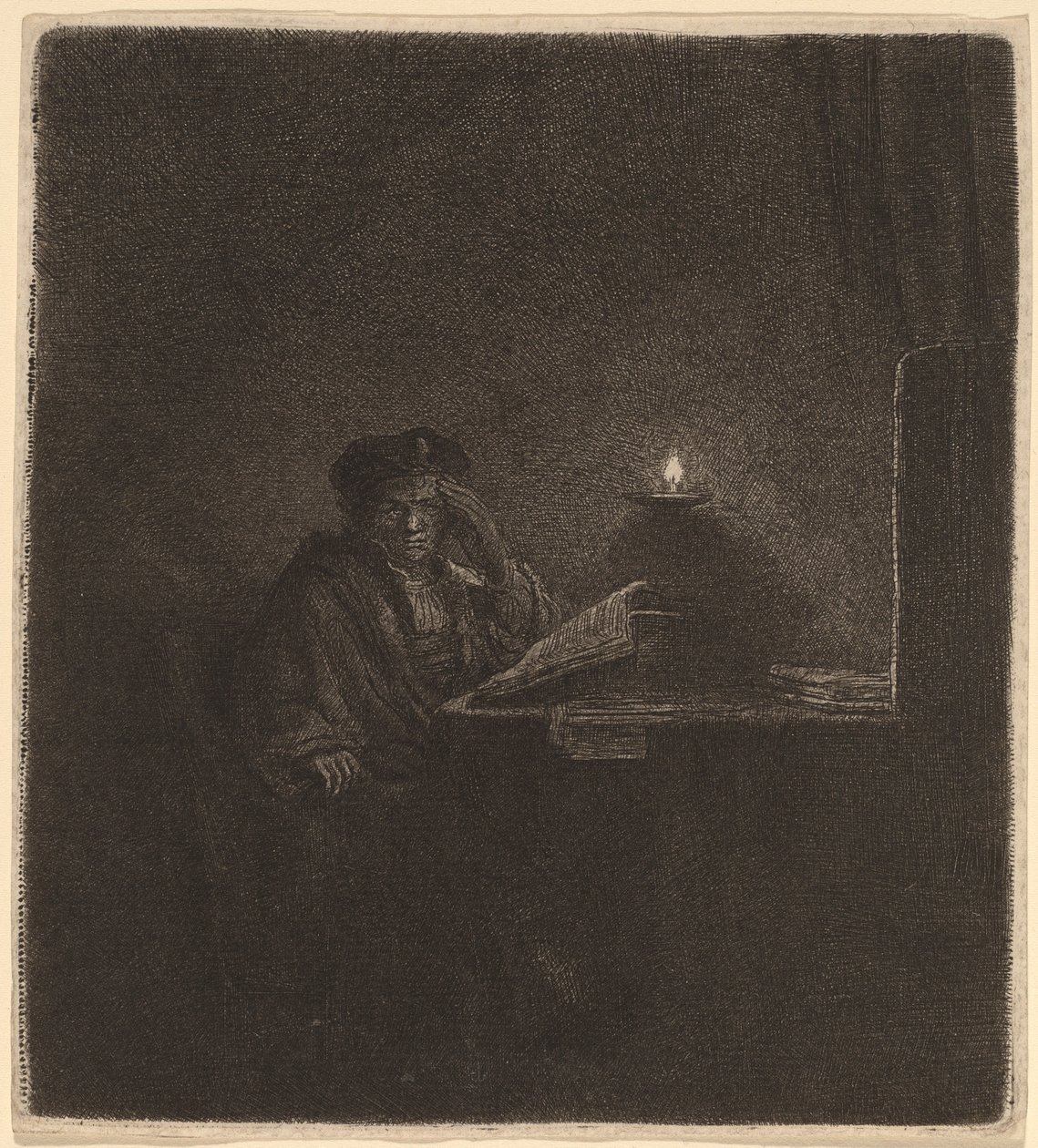 Étudiant à une table à la lumière des bougies - Rembrandt van Rijn