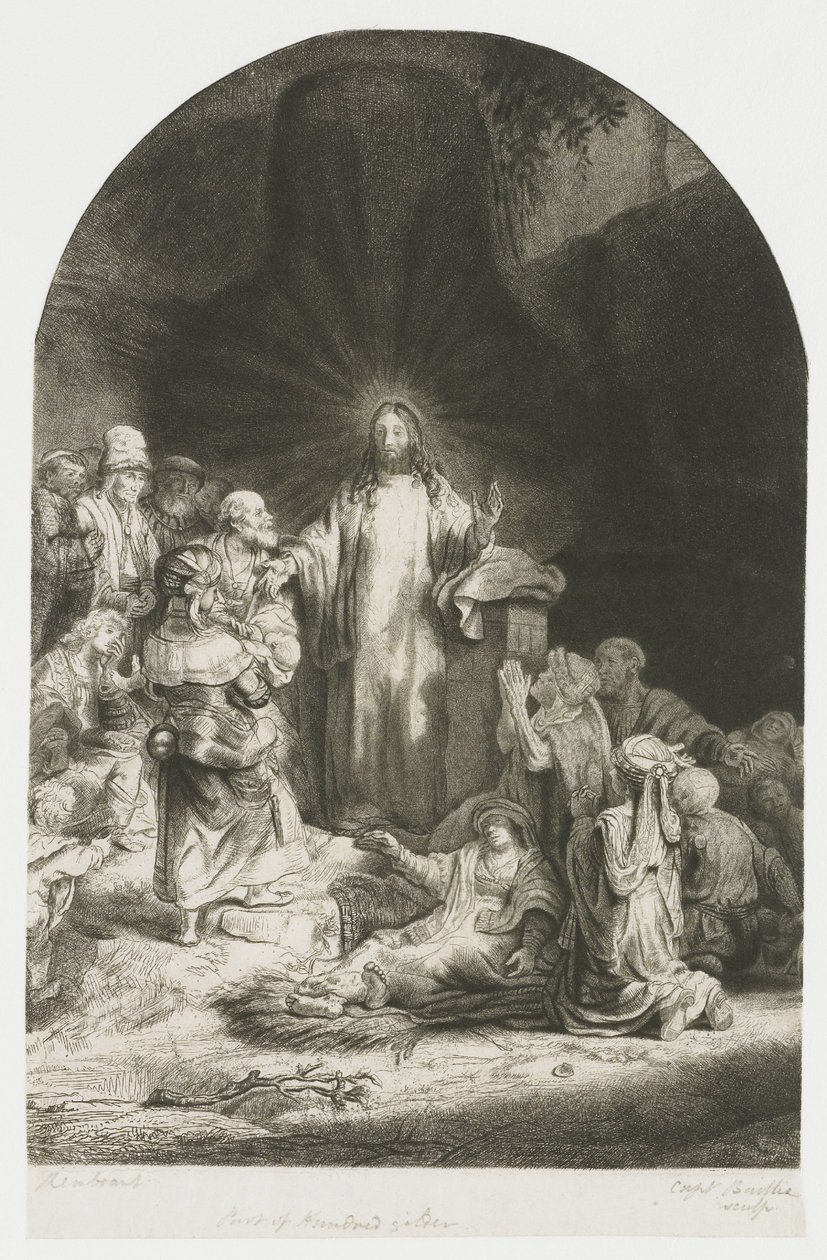 La gravure des cent florins : la partie centrale représentant le Christ prêchant, la plaque en forme d