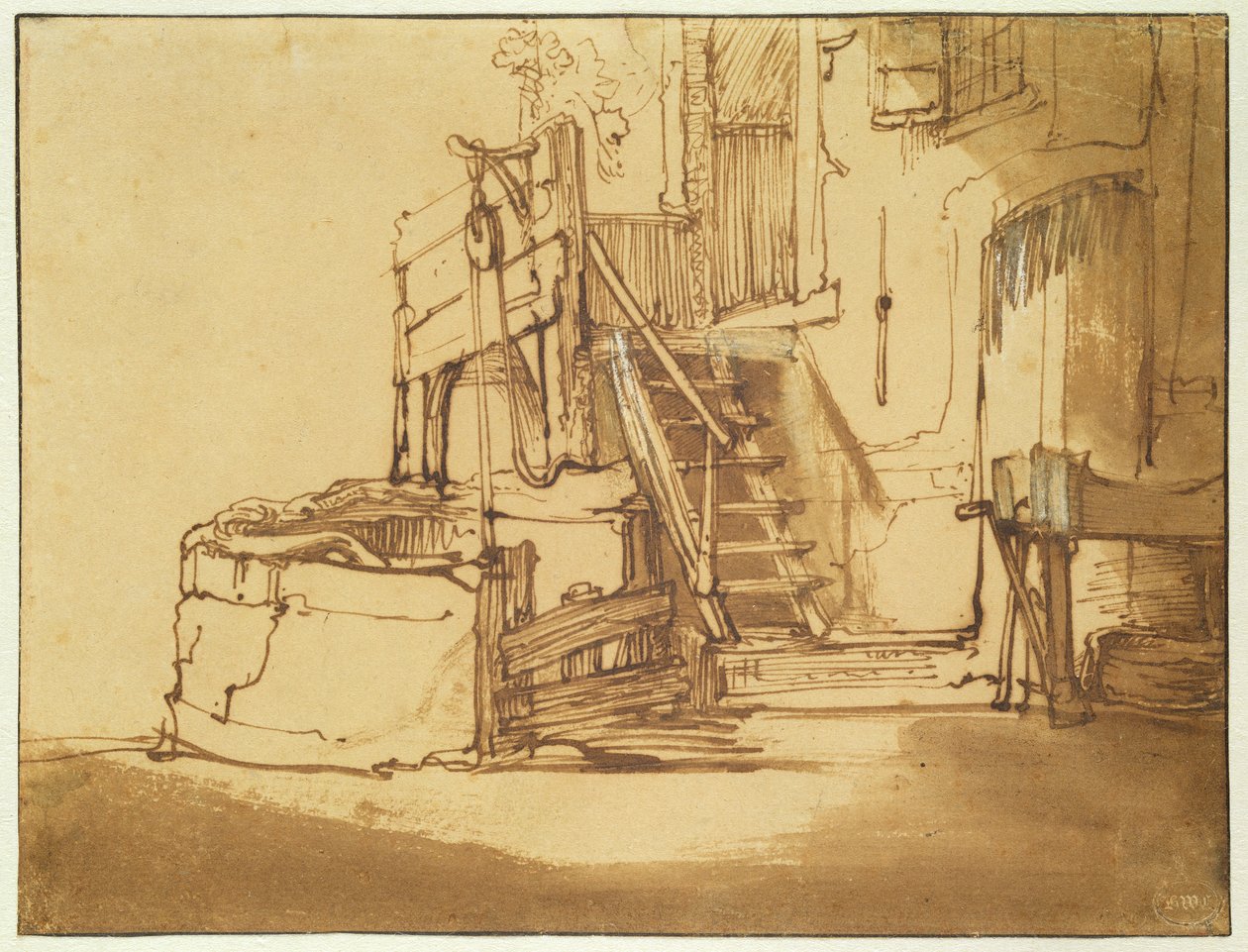 Le puits devant la ferme (encre brune et lavis brun sur papier) - Rembrandt van Rijn