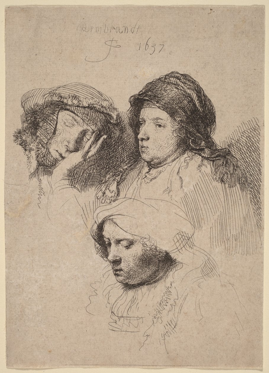 Trois têtes de femmes, dont une endormie - Rembrandt van Rijn