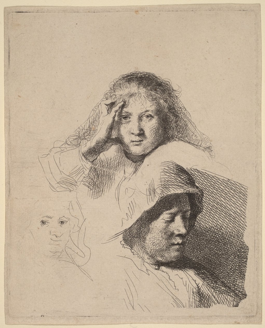 Trois têtes de femmes, dont une légèrement gravée - Rembrandt van Rijn
