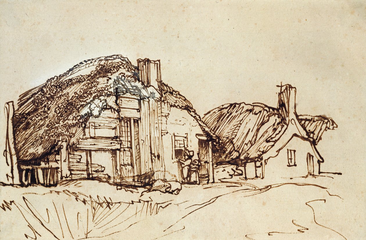 Deux chaumières avec des figures à la fenêtre - Rembrandt van Rijn