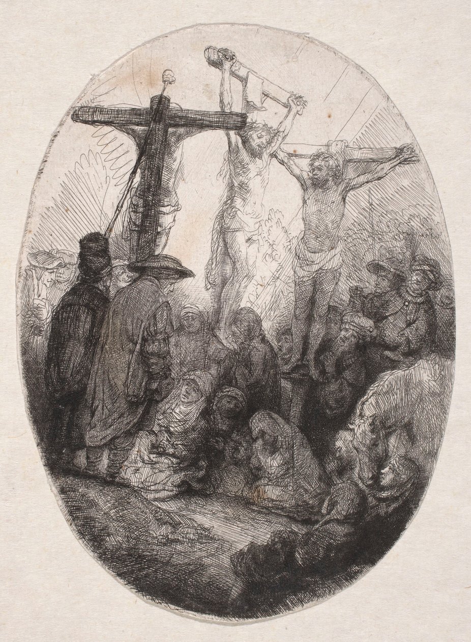 La crucifixion entre deux malfaiteurs (plaque ovale) - Rembrandt van Rijn