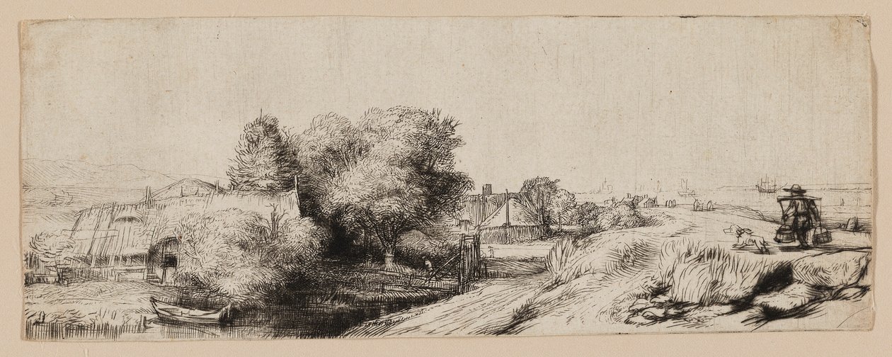Vue de la Diemerdijk avec un laitier et des cottages - Rembrandt van Rijn
