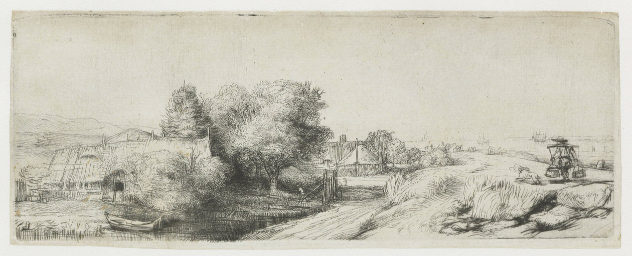 Vue sur le Diemerdijk avec un laitier et des chaumières - Rembrandt van Rijn