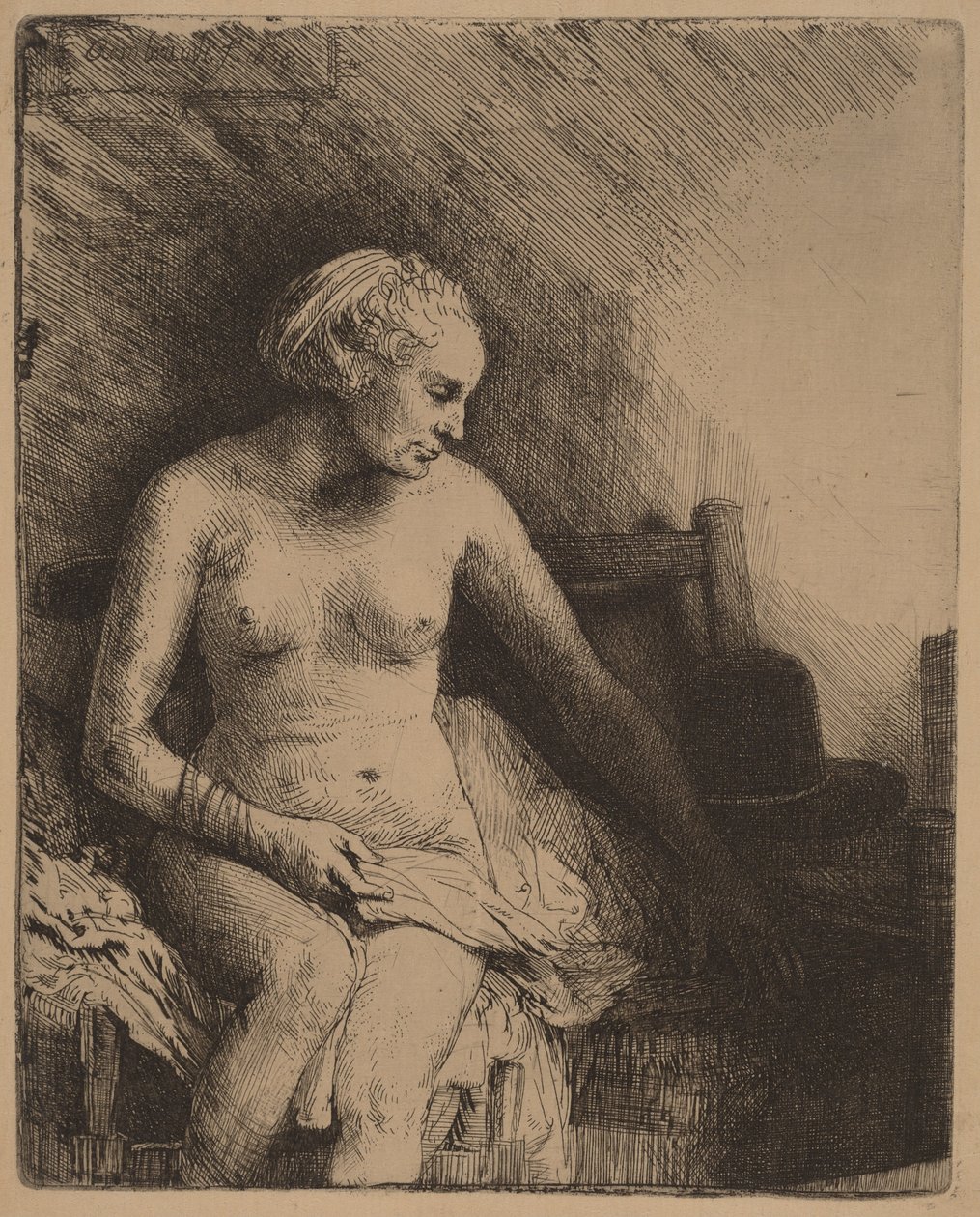 Femme dans son bain, avec un chapeau à côté d