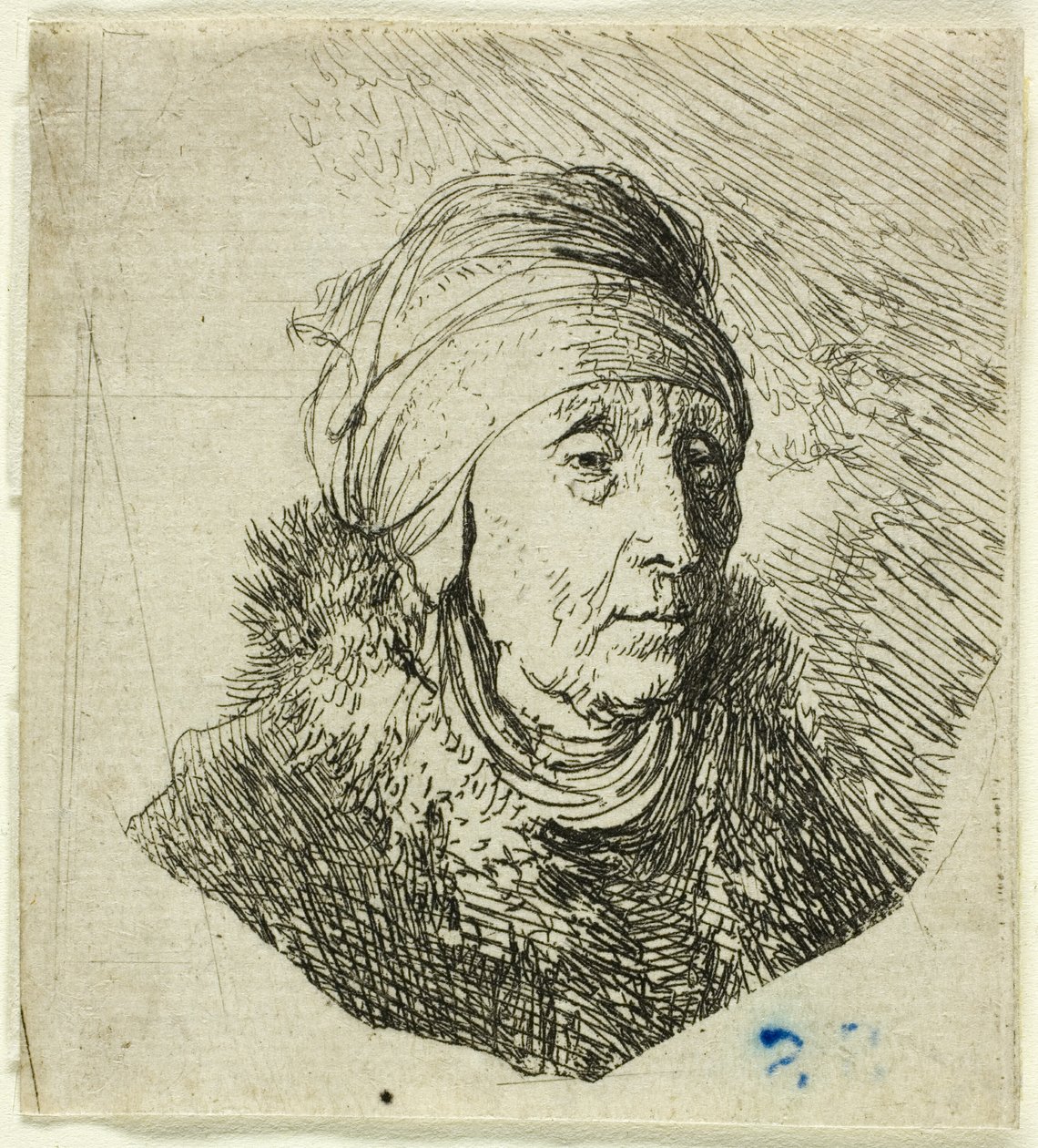 Femme avec une haute coiffe enveloppée autour du menton : Buste - Rembrandt van Rijn